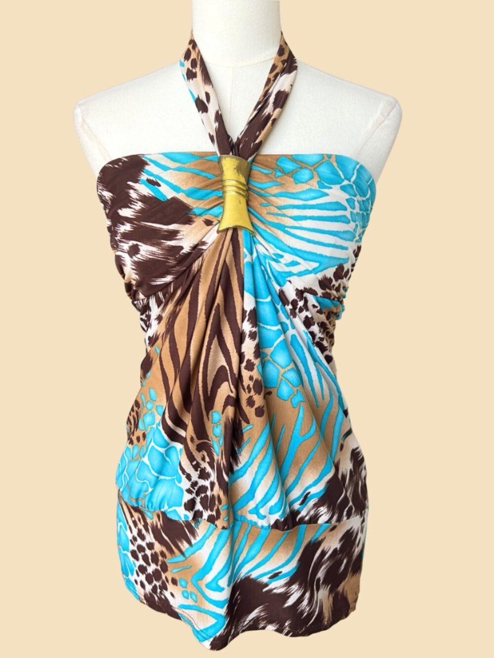 Vintage Y2K Blue Brown Animal Print Halter Tunic